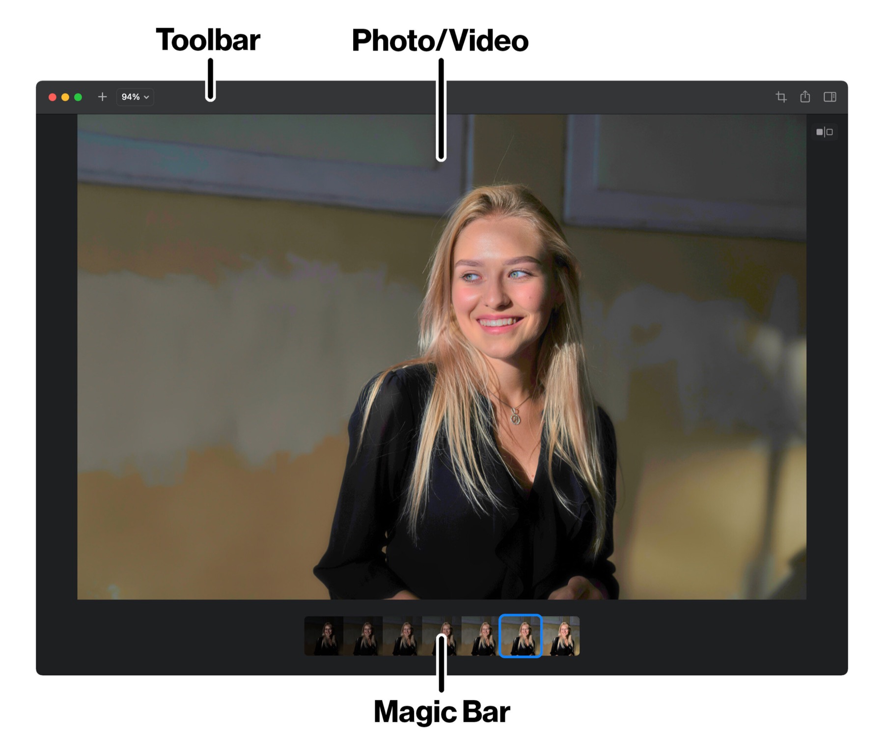 Brightly Pro for Mac window with the photo display, toolbar and adjustments