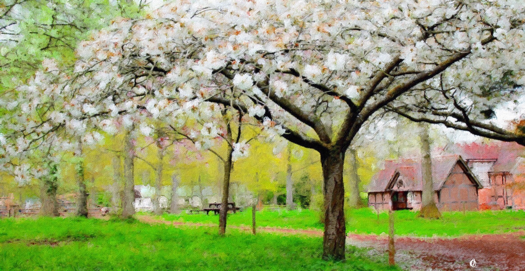 Painting of a blossoming tree in a park, created with Brushstroke