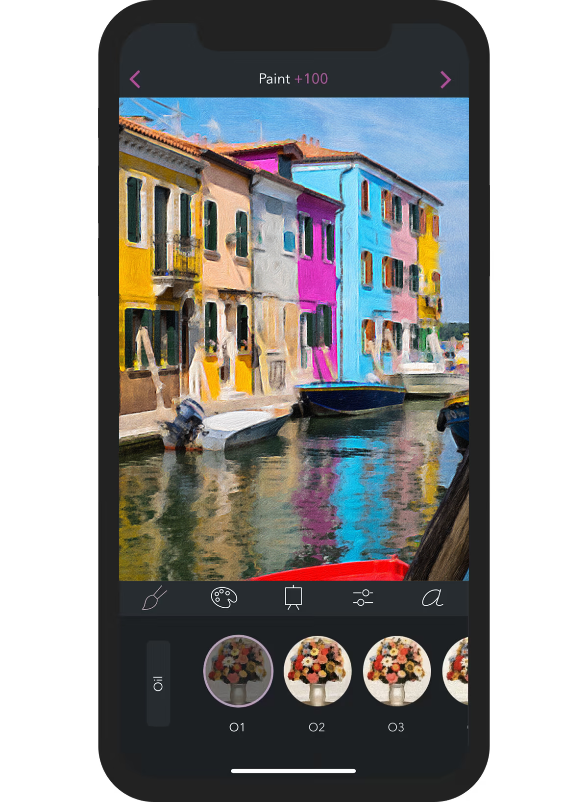 iPhone running Brushstroke, choosing an oil style for a photo of colorful canal houses