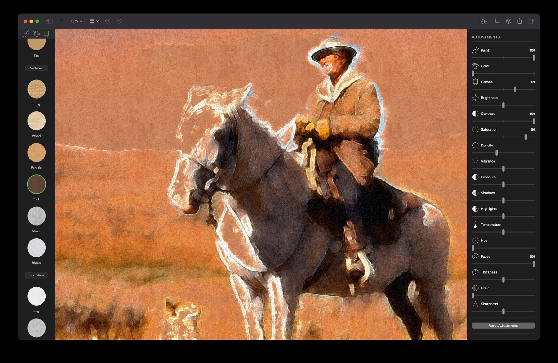 Choosing a 3D-modeled canvas surface in Brushstroke Pro