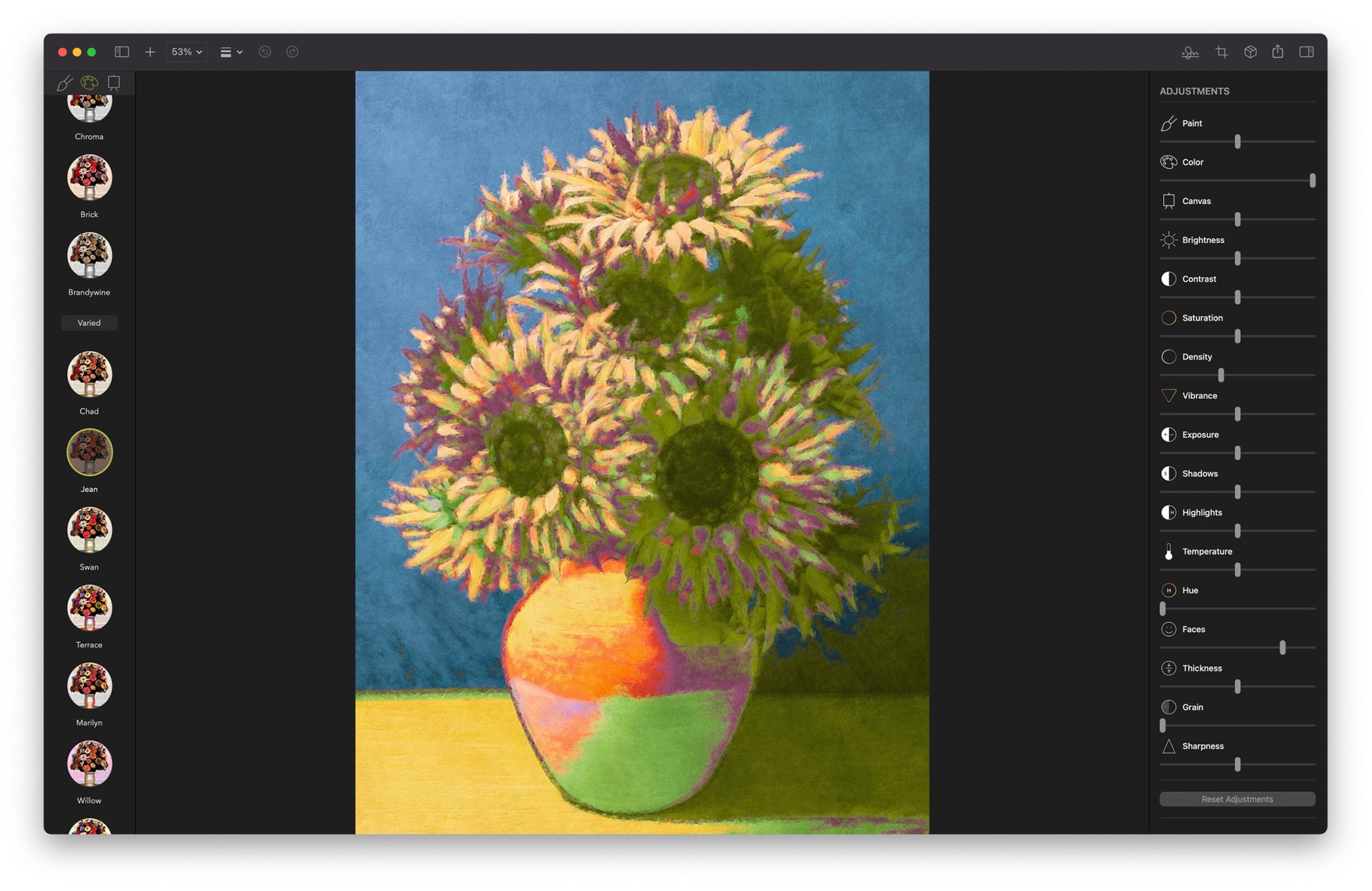 Choosing a color palette for a sunflower painting in Brushstroke Pro