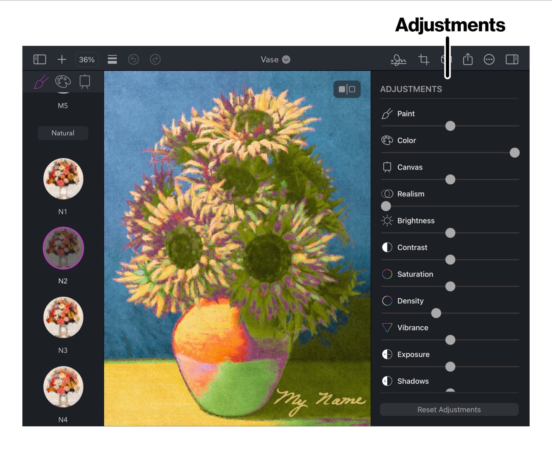 Adjustments panel in Brushstroke Pro for iPad