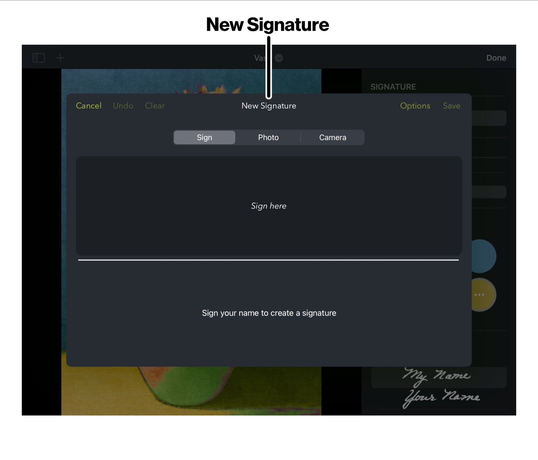 New Signature screen in Brushstroke Pro for iPad
