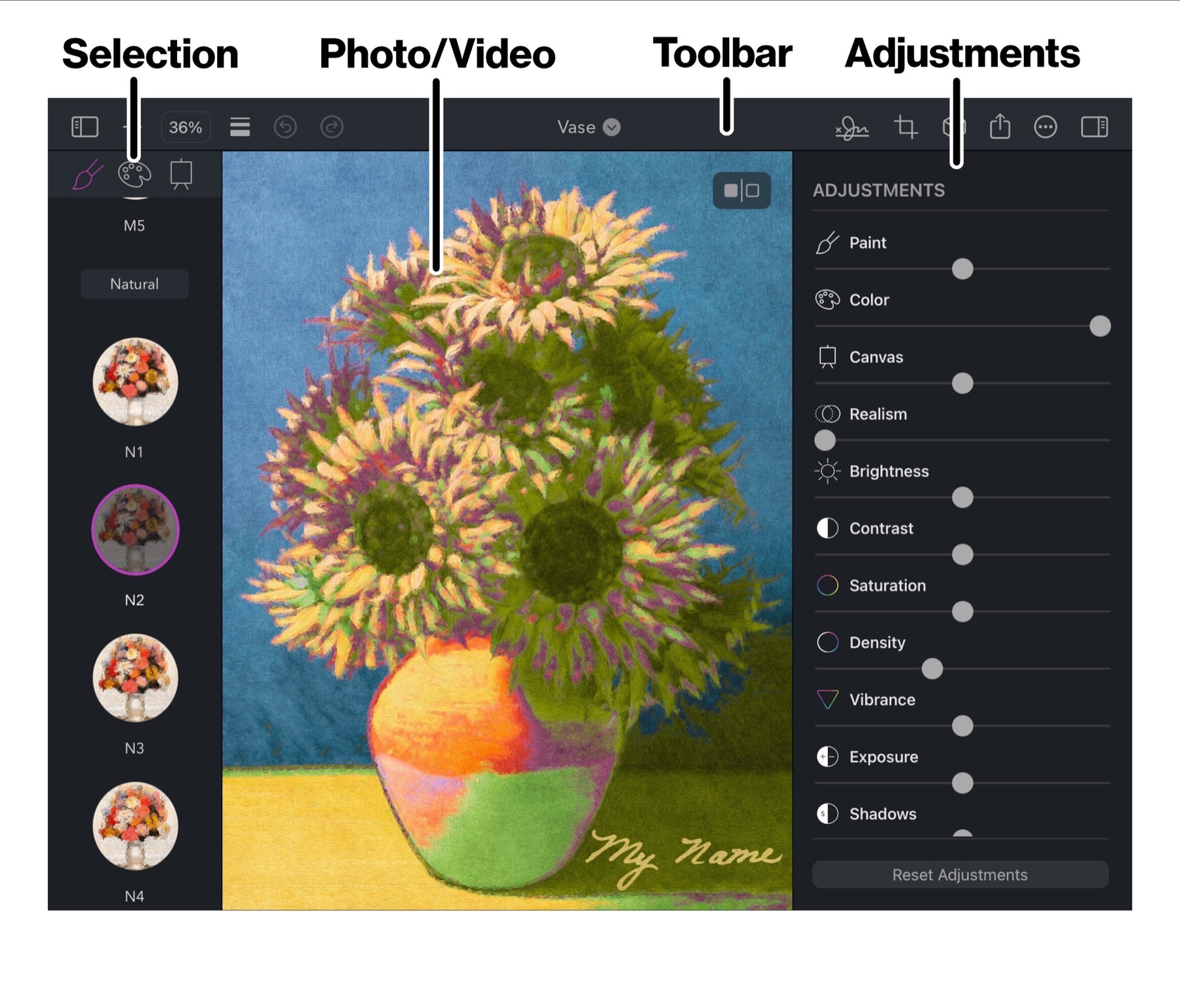 Brushstroke Pro for iPad: photo display in the center, style sidebar on the left, toolbar above, adjustments on the right