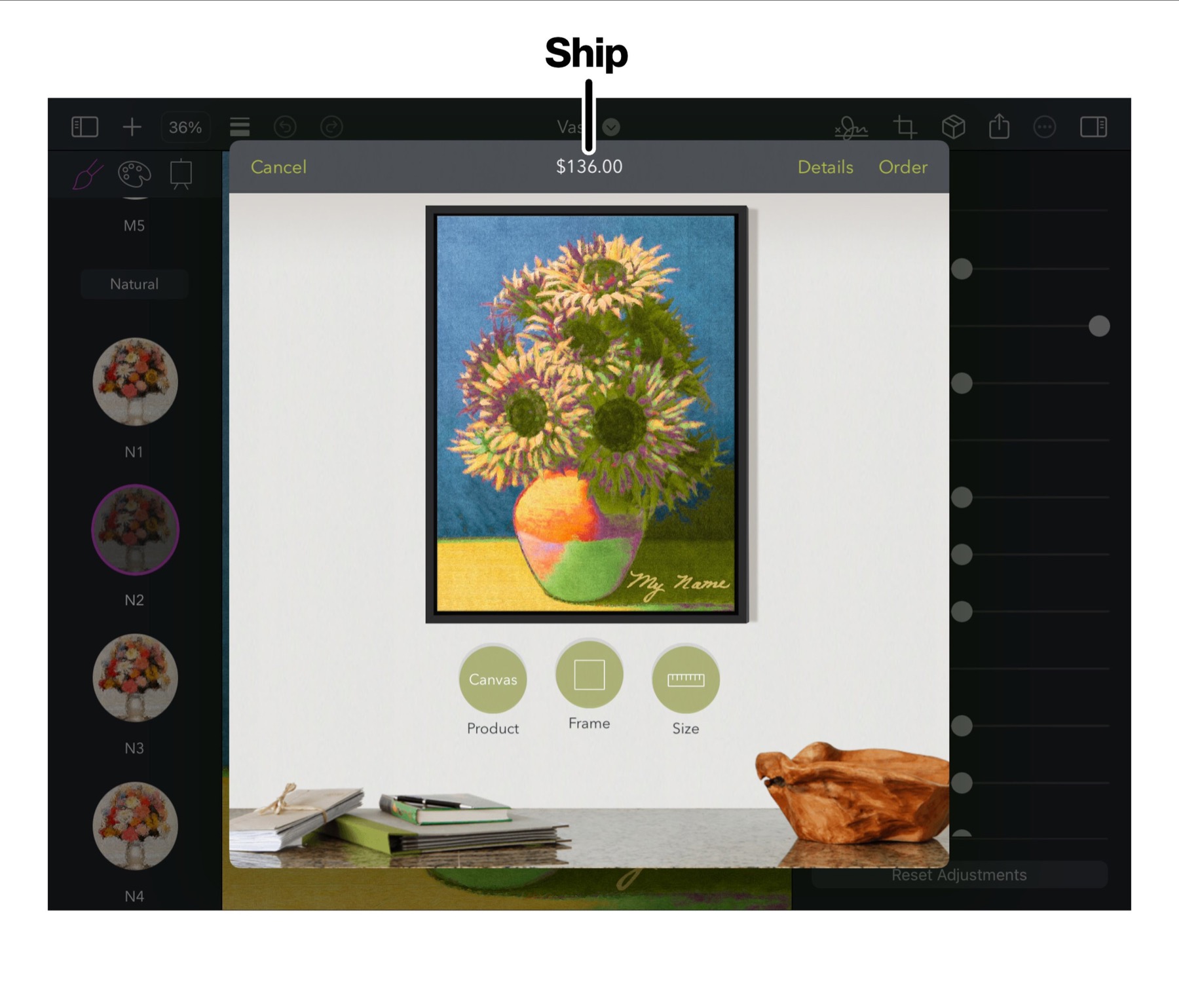 Ship panel for ordering prints in Brushstroke Pro for iPad