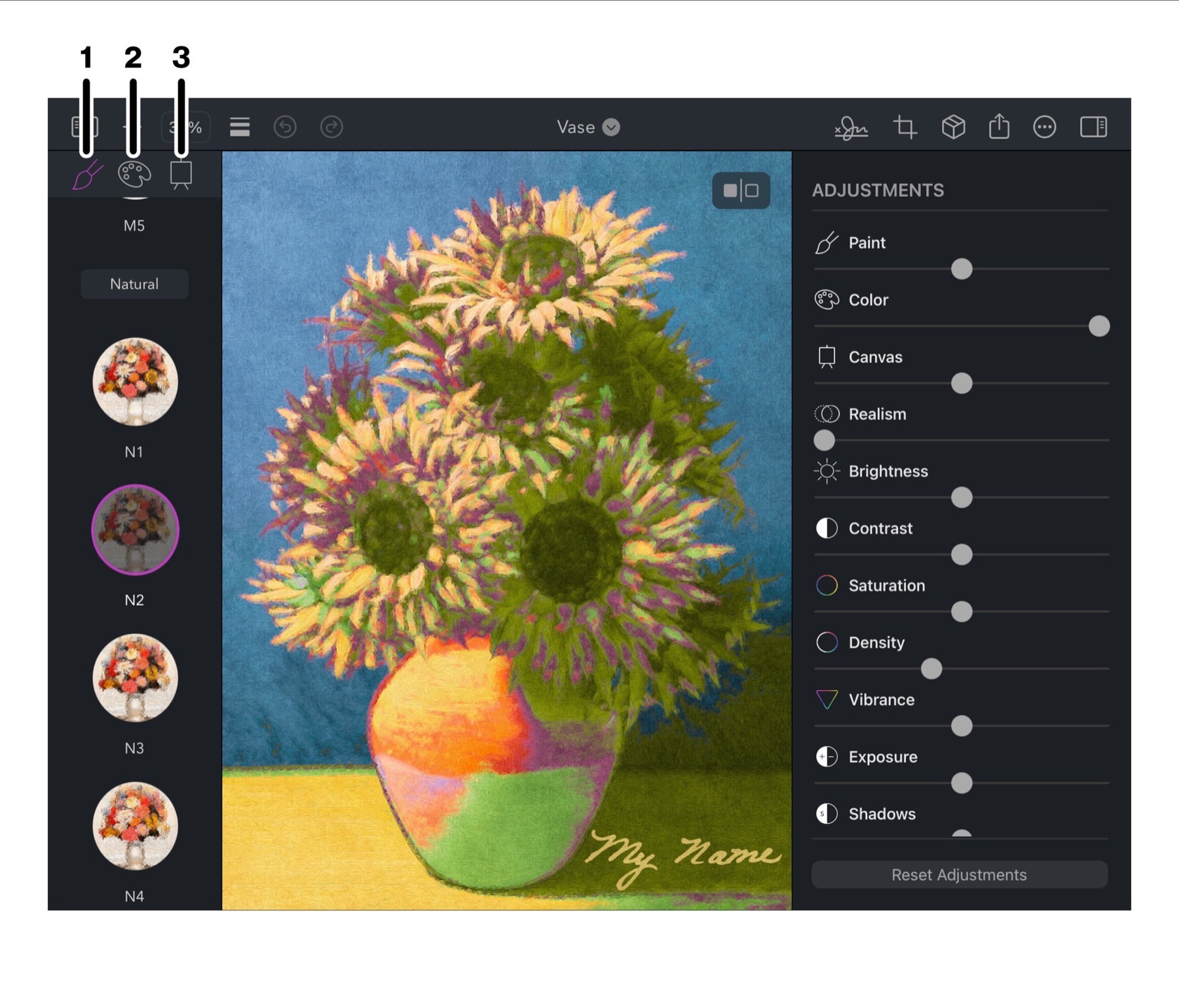 Style, Palette and Canvas selection sidebar in Brushstroke Pro for iPad