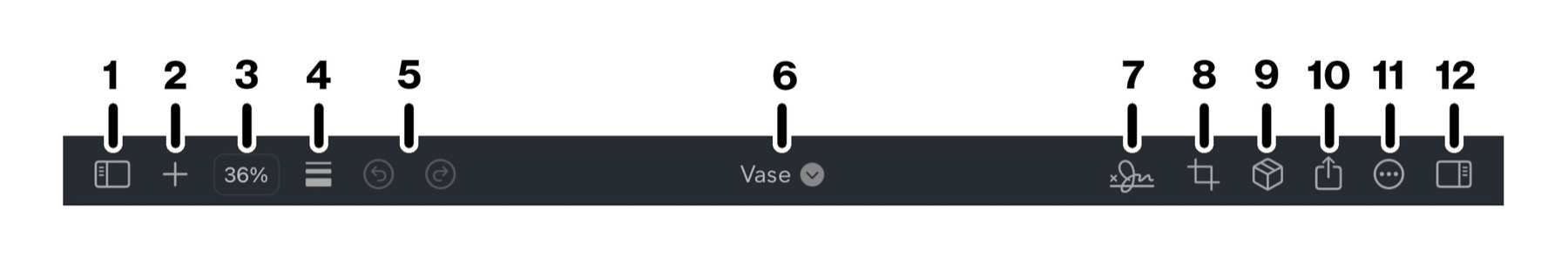Brushstroke Pro for iPad toolbar with its numbered controls