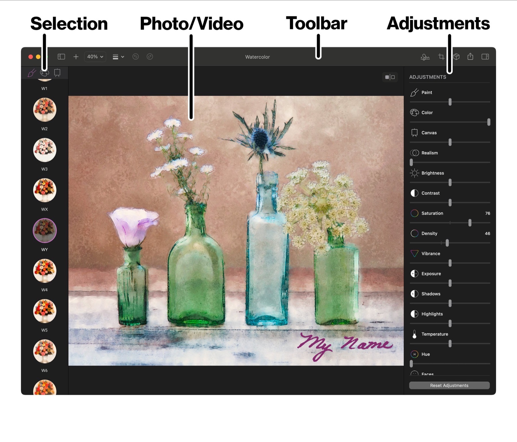 Brushstroke Pro for Mac window: photo display in the center, style sidebar on the left, toolbar above, adjustments on the right