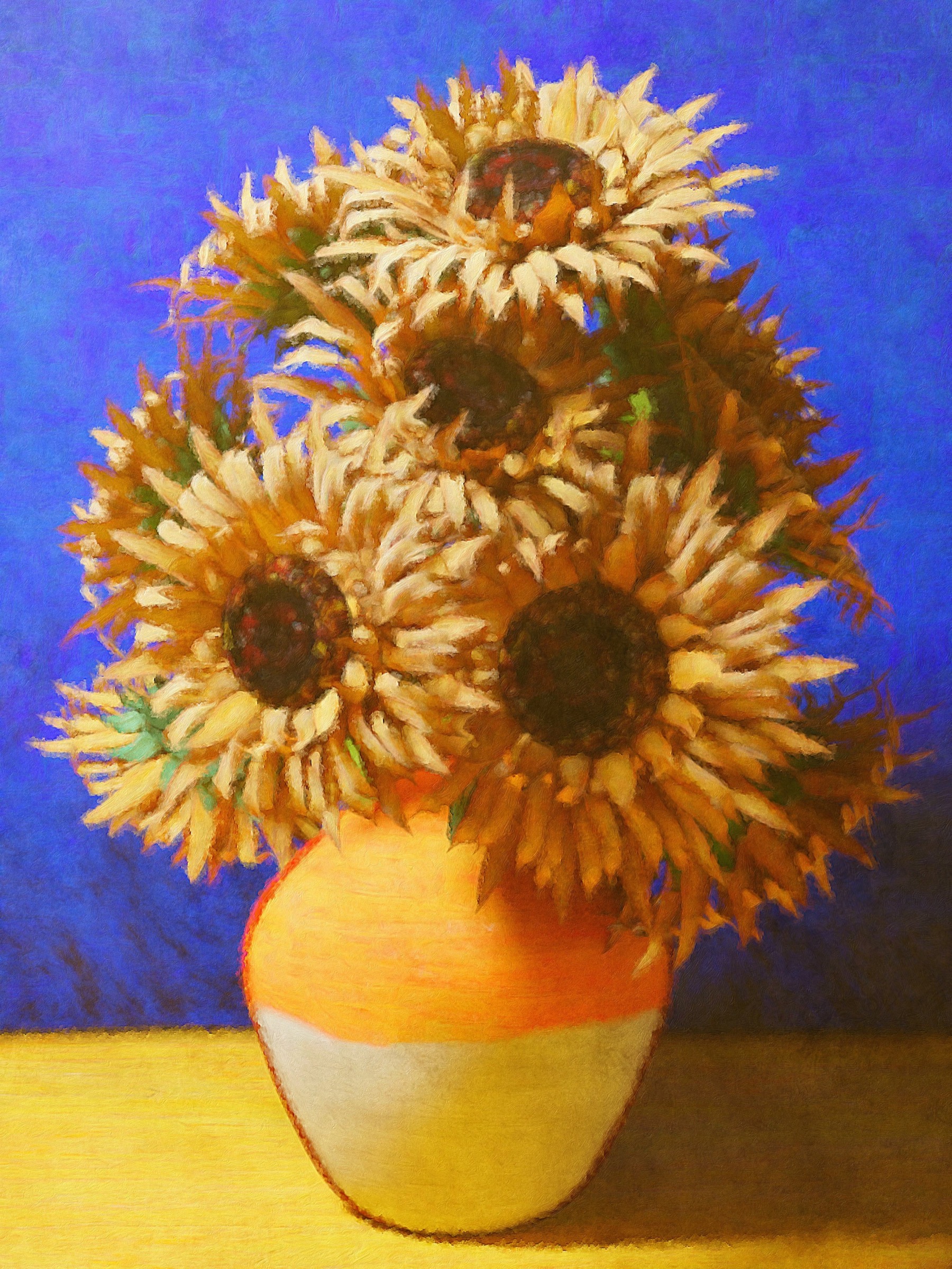 Sunflower still life painted with Brushstroke Pro using a natural blue-and-gold color palette