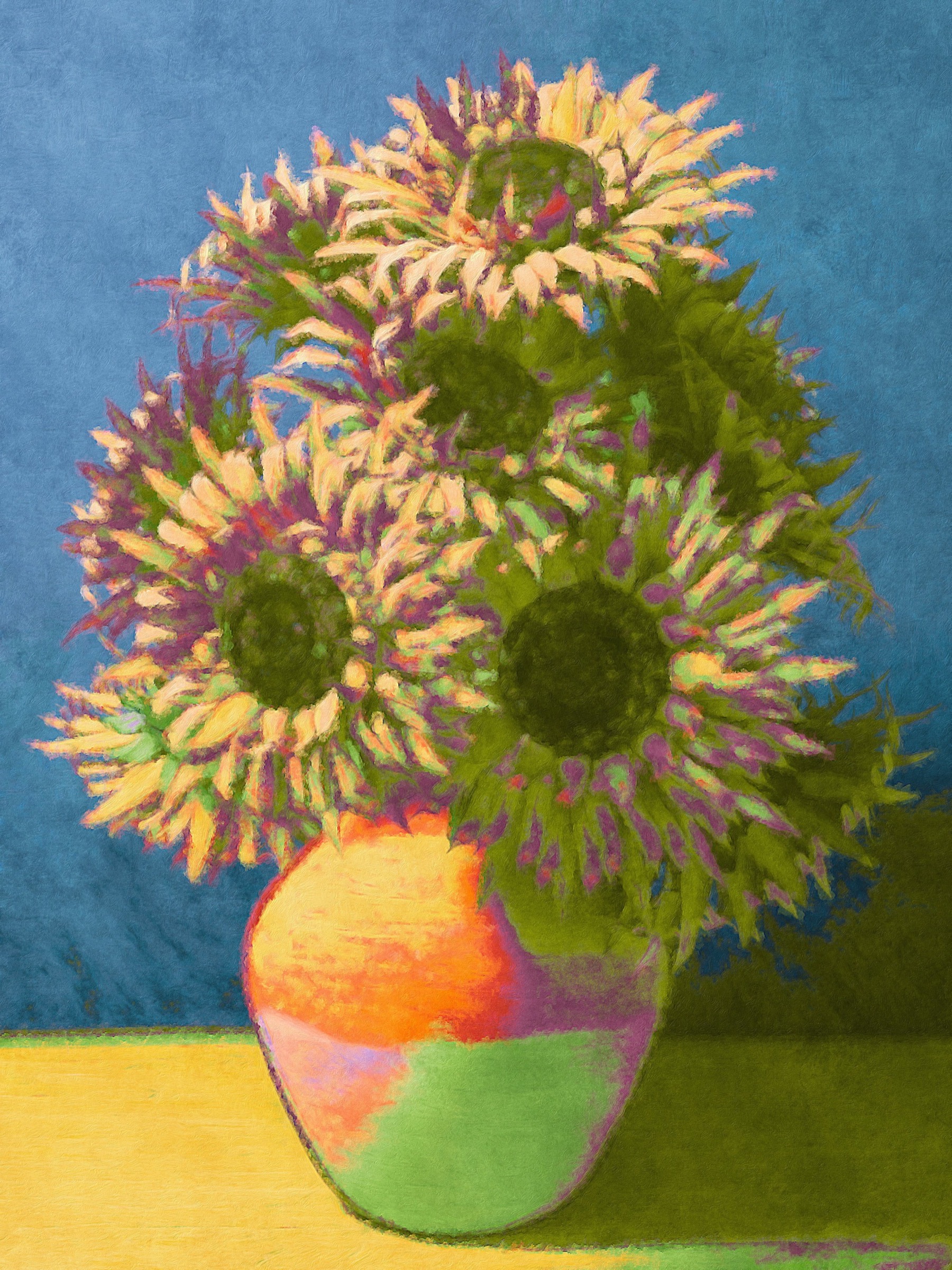 Sunflower still life painted with Brushstroke Pro using a pastel pink, green and yellow palette