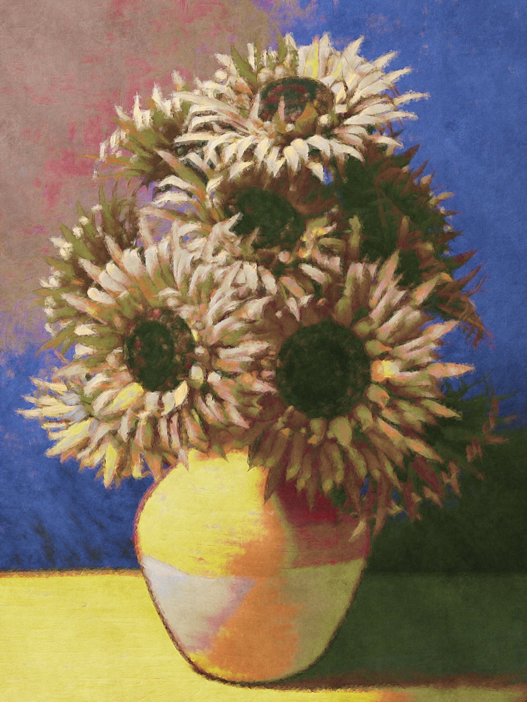 Sunflower still life painted with Brushstroke Pro using a muted earth-tone palette