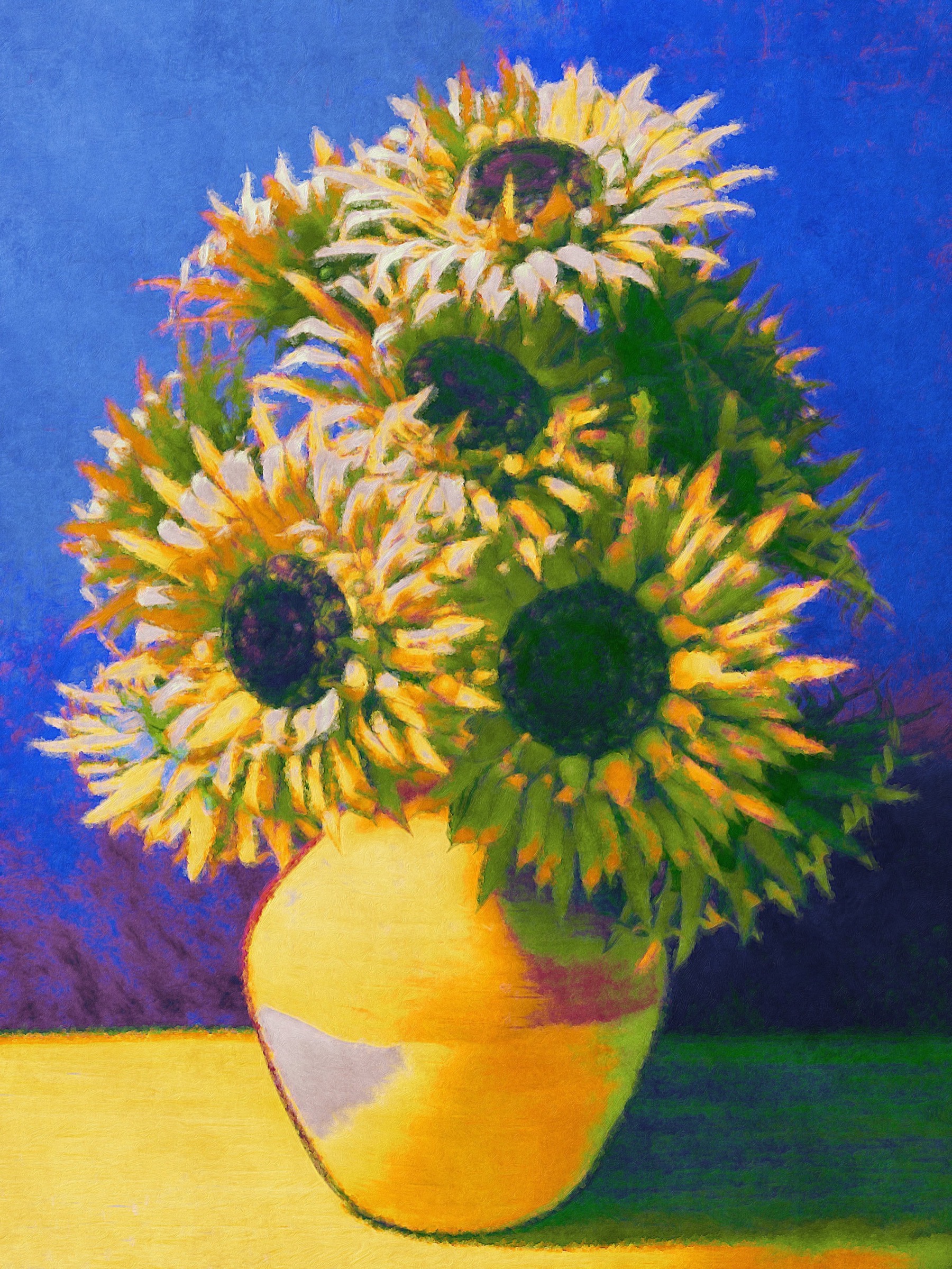 Sunflower still life painted with Brushstroke Pro using a cool, desaturated palette