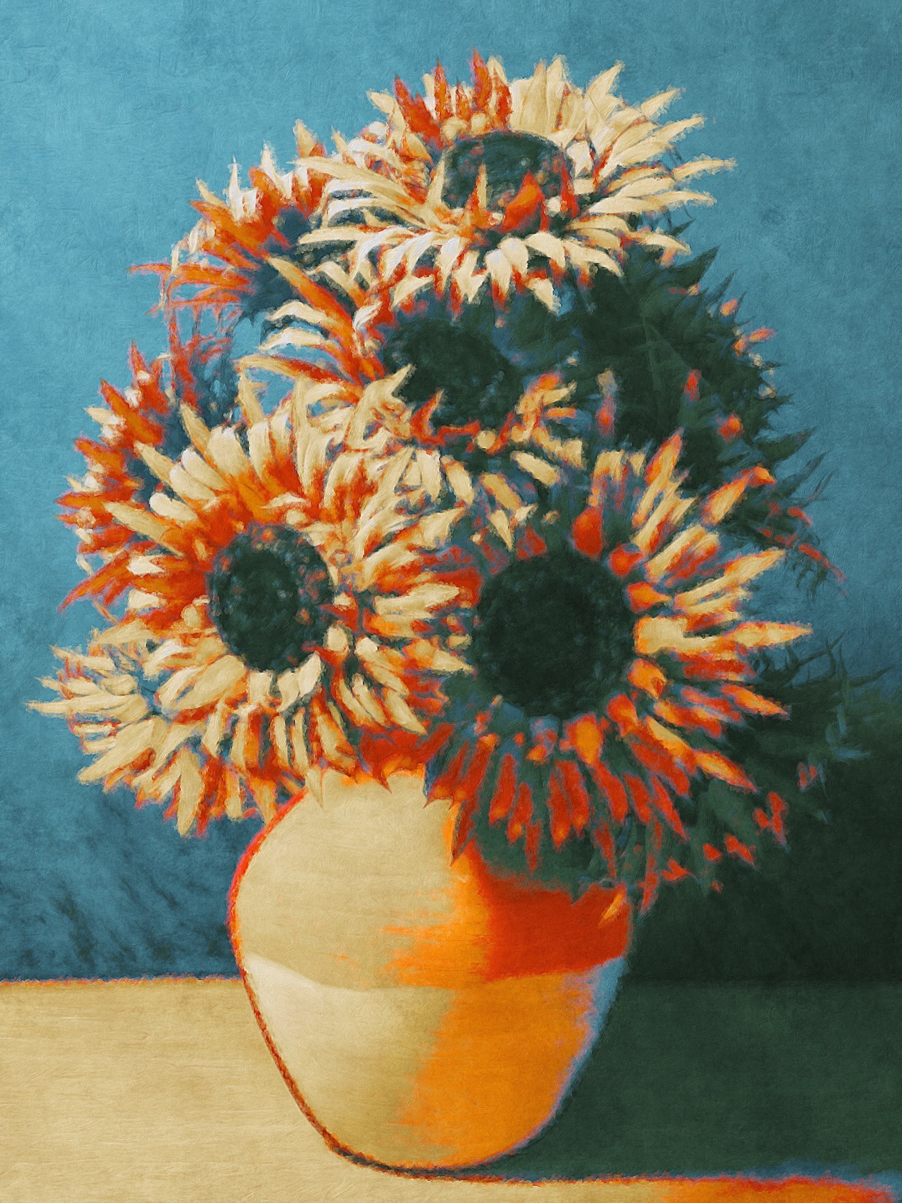 Sunflower still life painted with Brushstroke Pro using a warm orange and teal palette