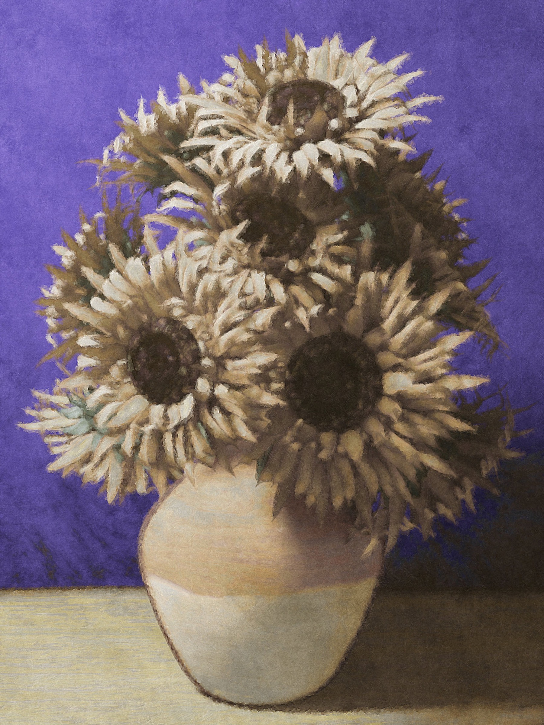 Sunflower still life painted with Brushstroke Pro using a deep violet and blue palette