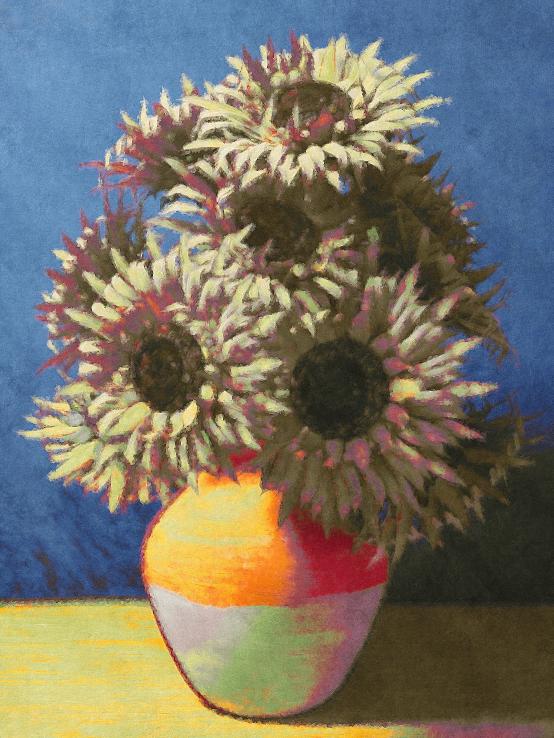 Sunflower still life painted with Brushstroke Pro using a soft lavender palette