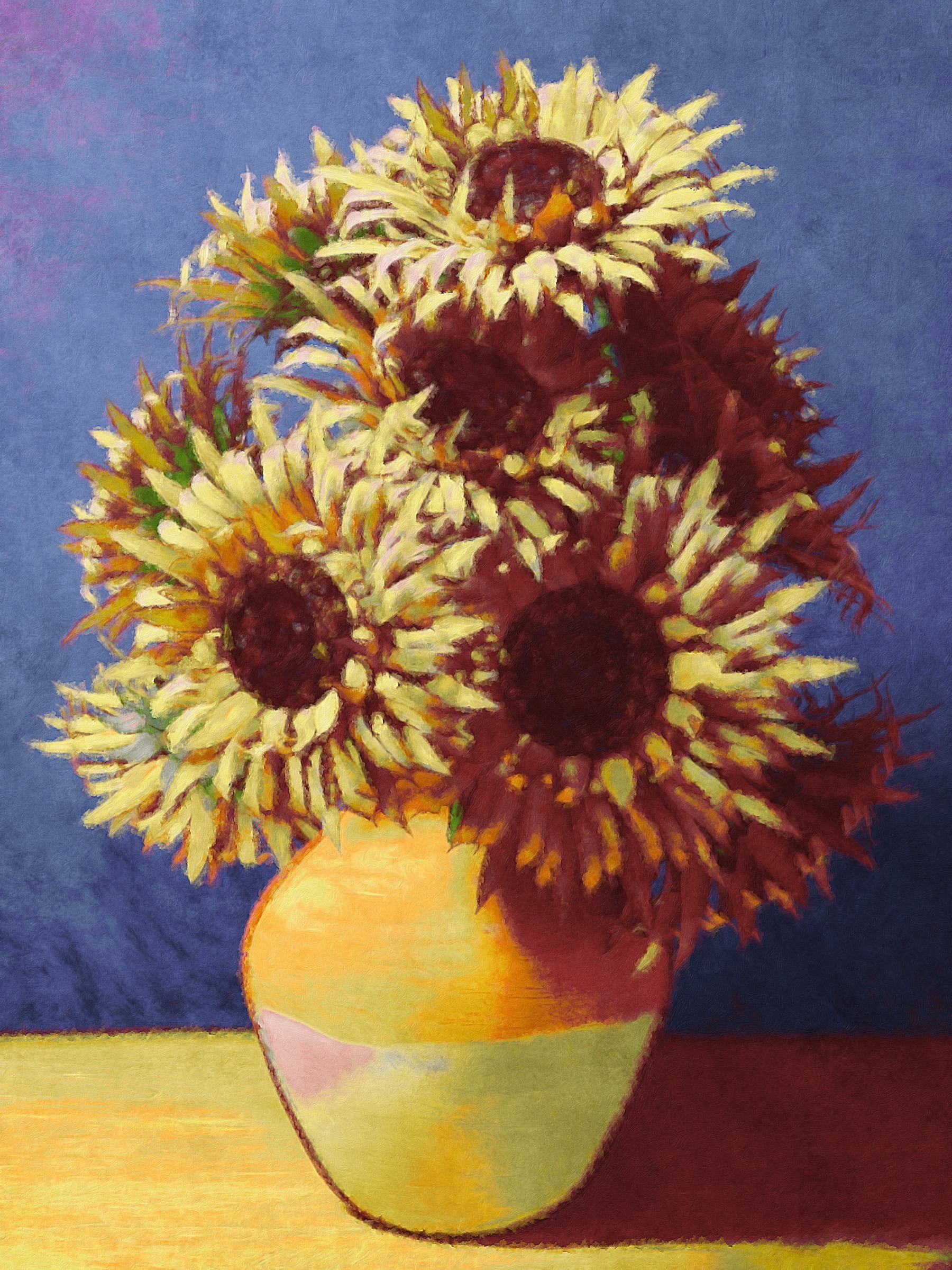 Sunflower still life painted with Brushstroke Pro using a warm red and gold palette