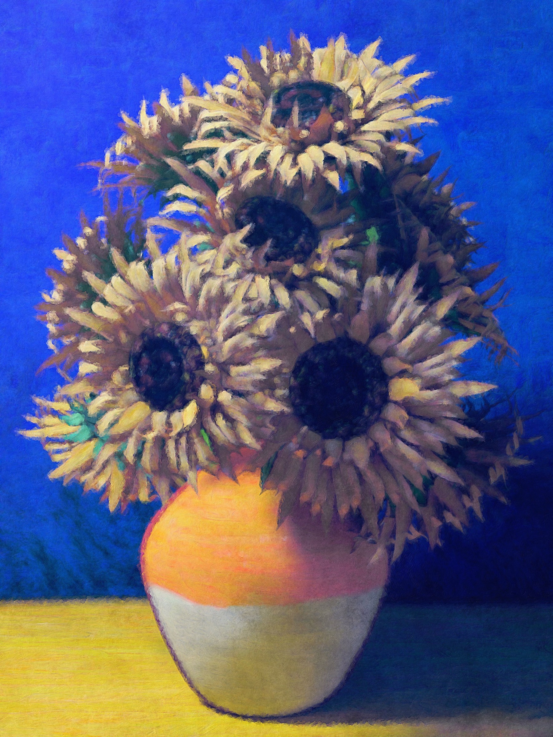 Sunflower still life painted with Brushstroke Pro using a vivid blue and gold palette