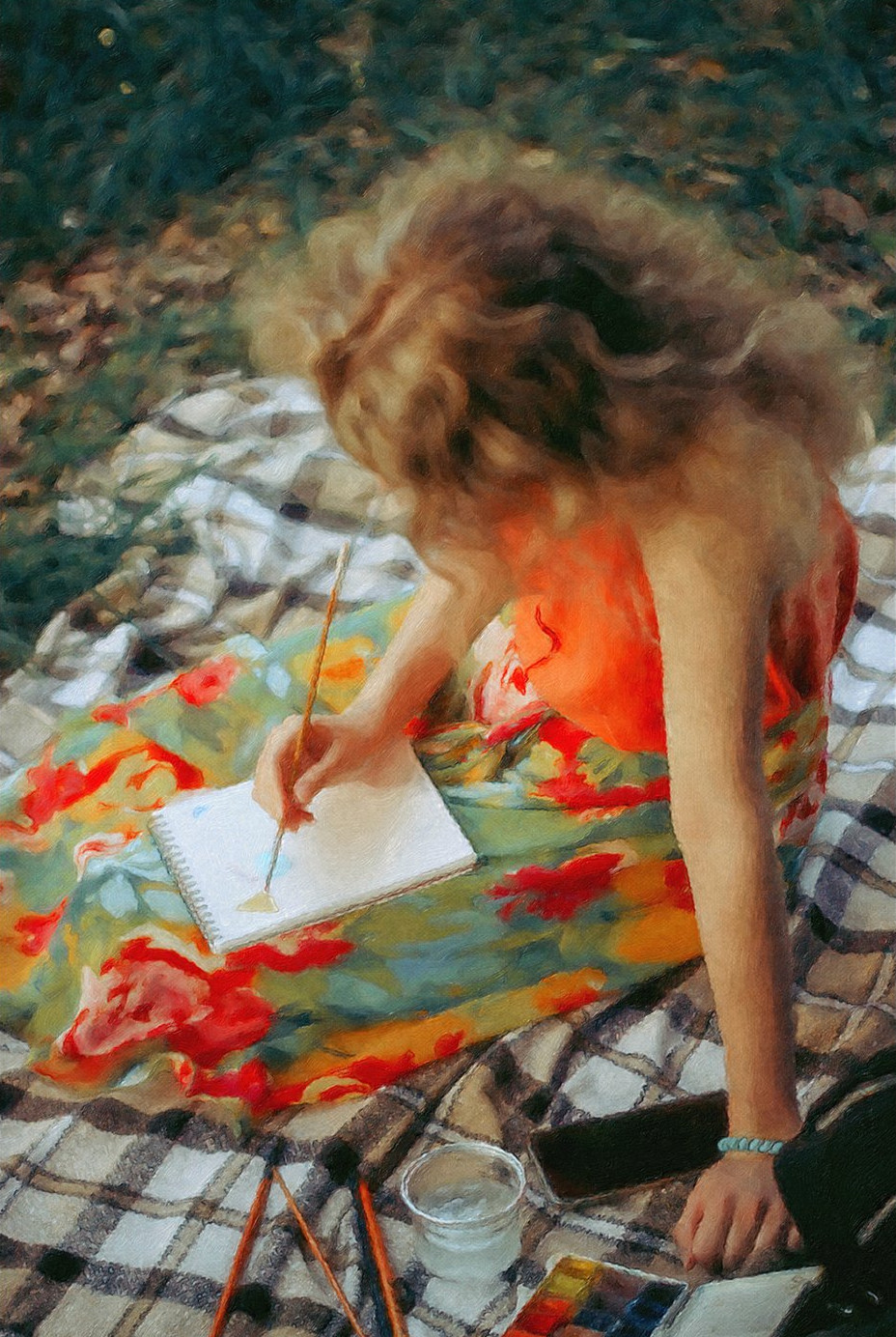 Painting of a girl sketching on a picnic blanket, created with Brushstroke Pro