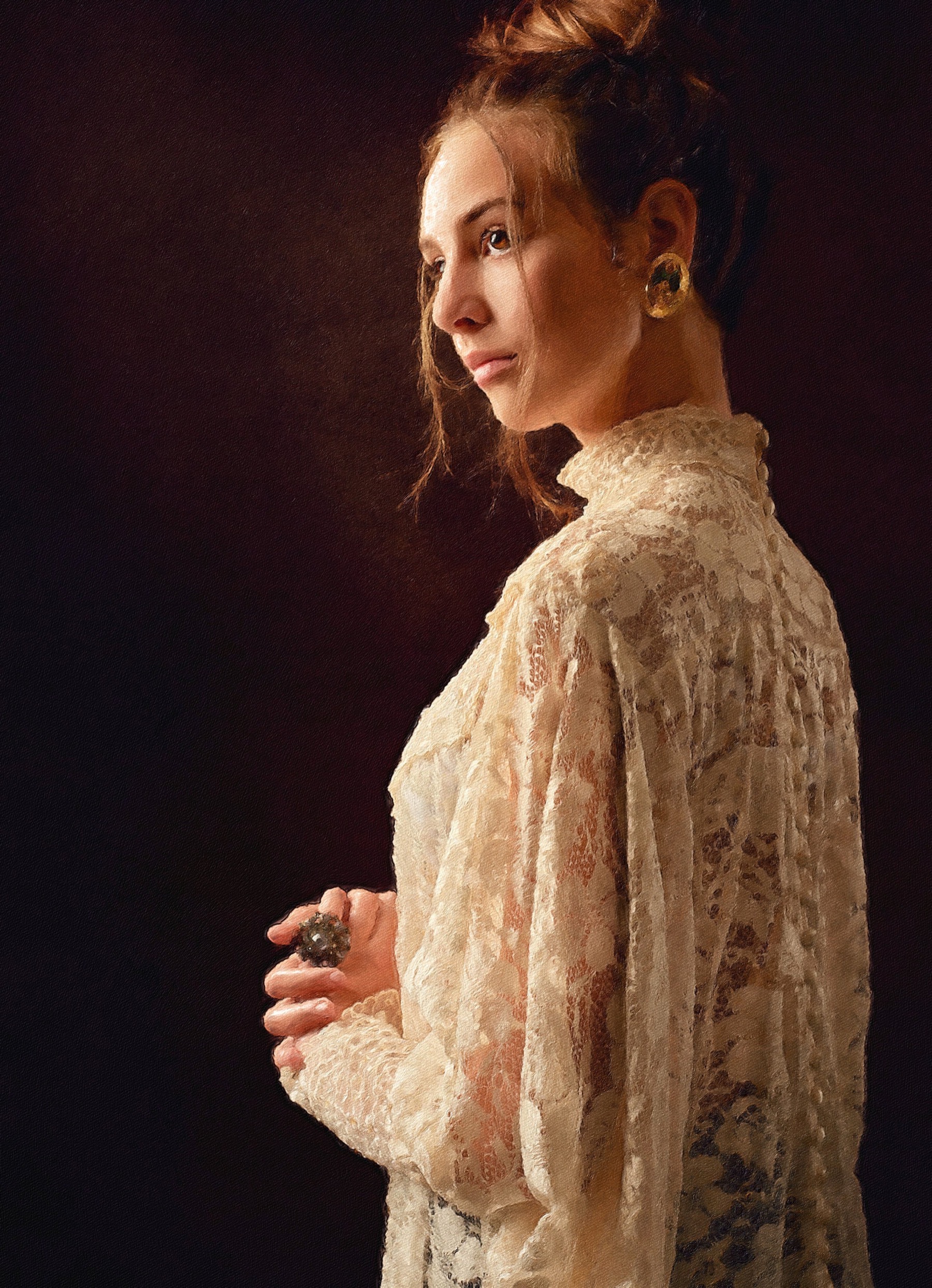 Portrait painting of a woman in a lace blouse, created with Brushstroke Pro