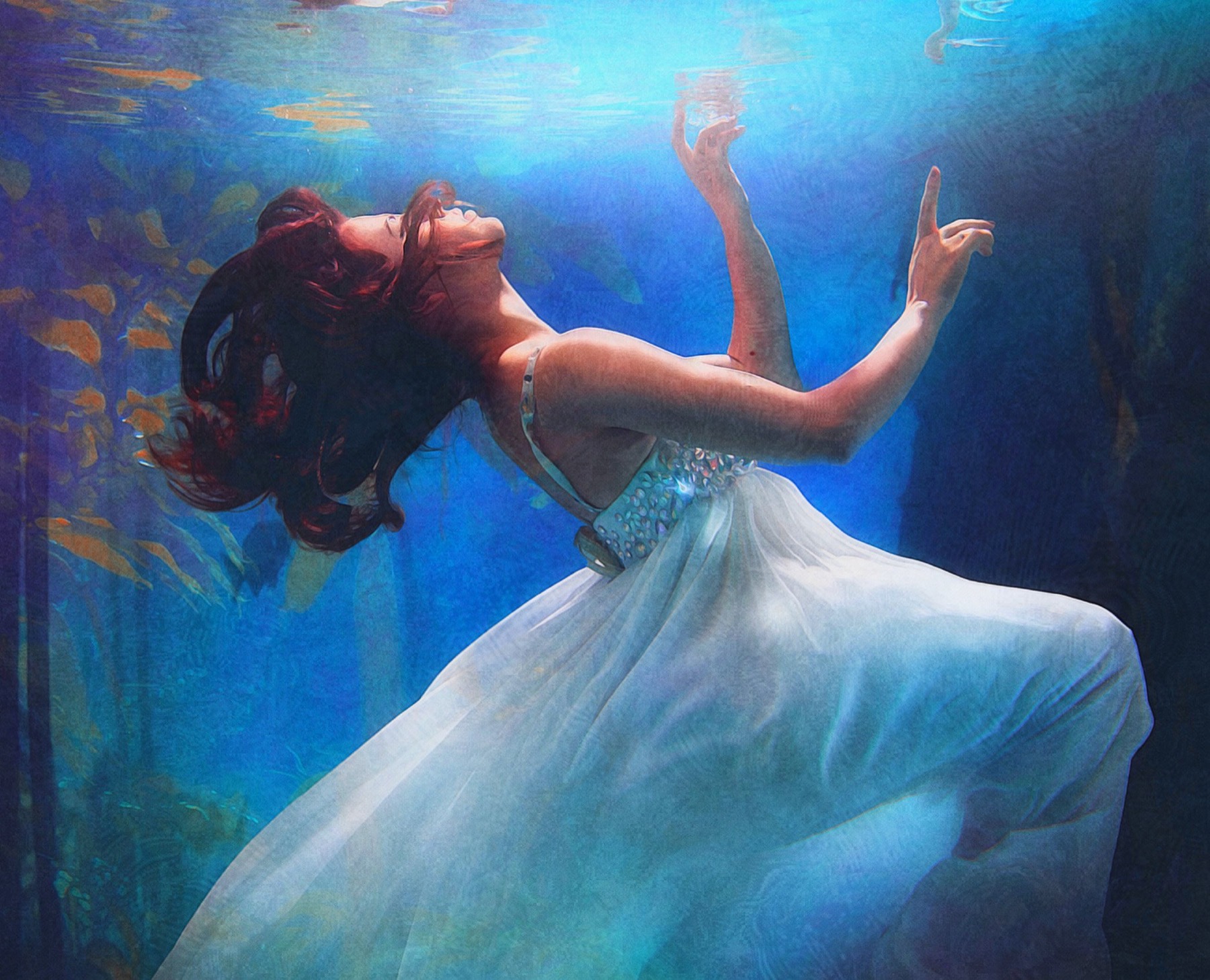 Painting of a woman in a white dress underwater, created with Brushstroke Pro