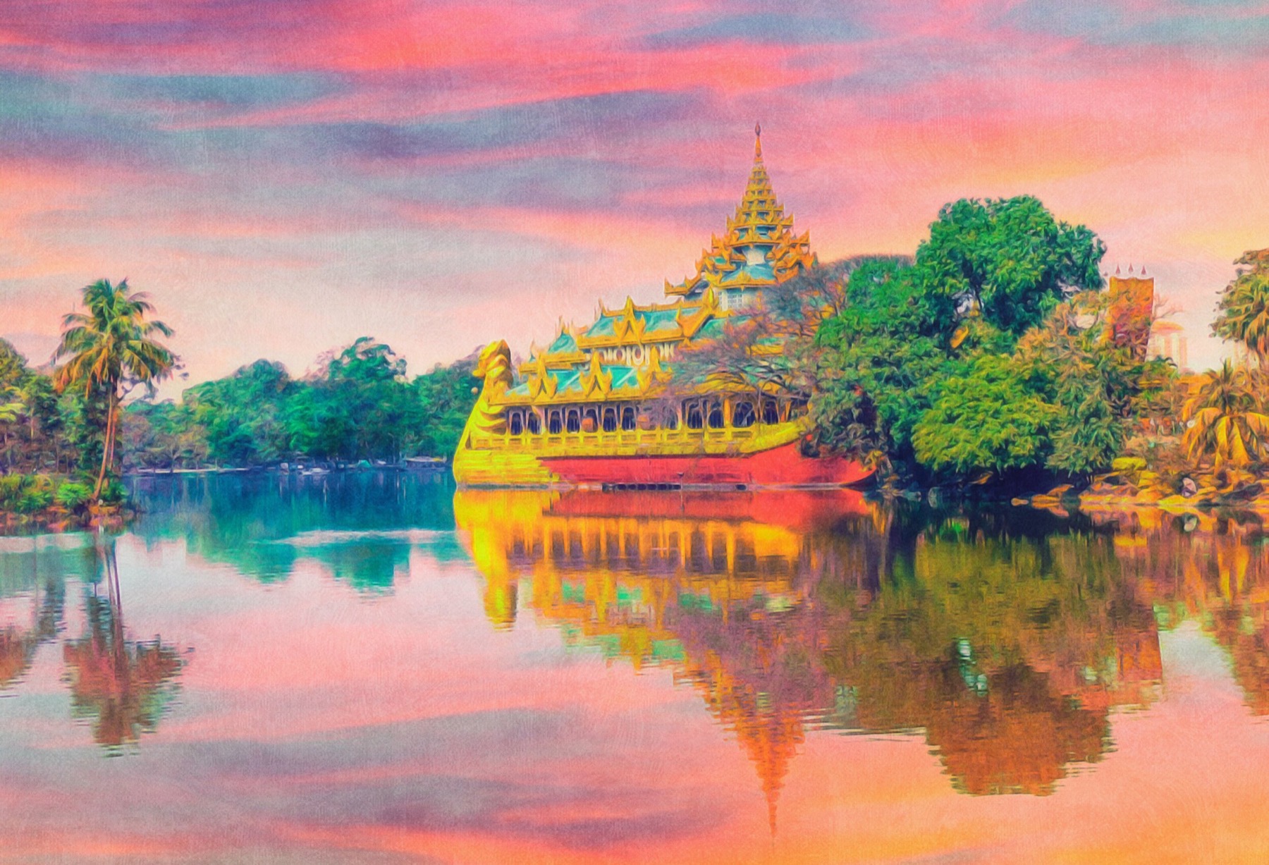 Painting of a golden Thai temple on a lake at sunset, created with Brushstroke