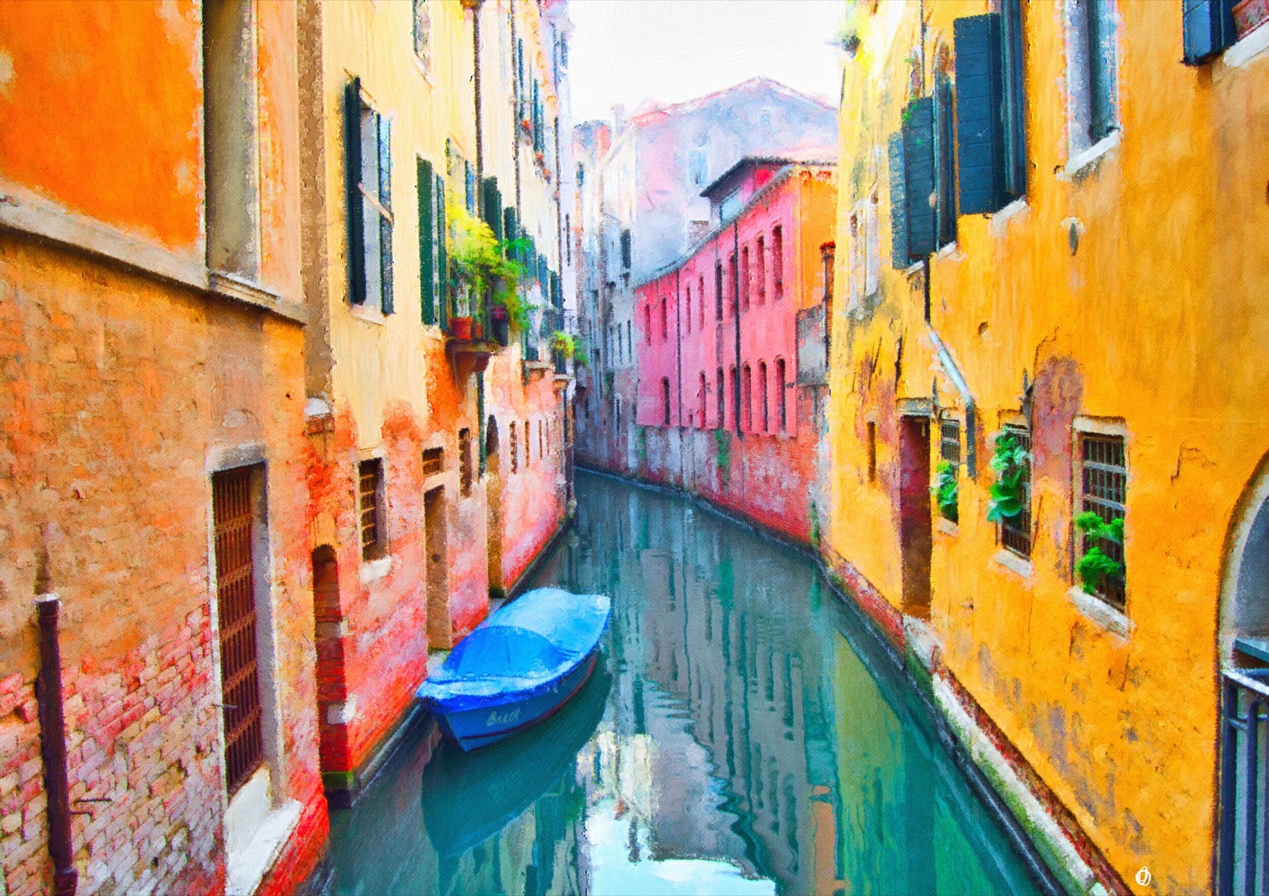 Painting of a Venice canal with a blue boat, created with Brushstroke