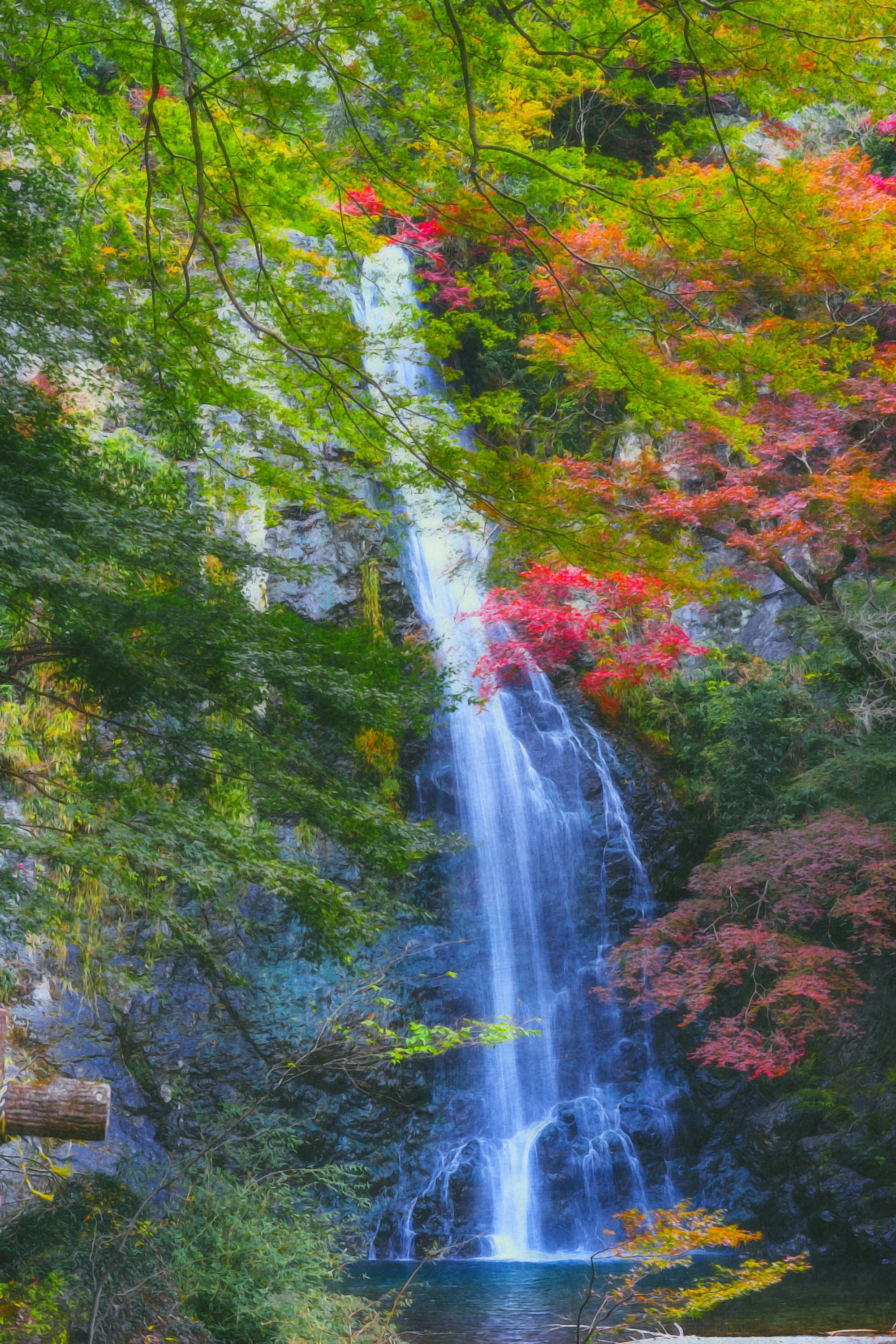 Painting of a waterfall framed by autumn maples, created with Brushstroke