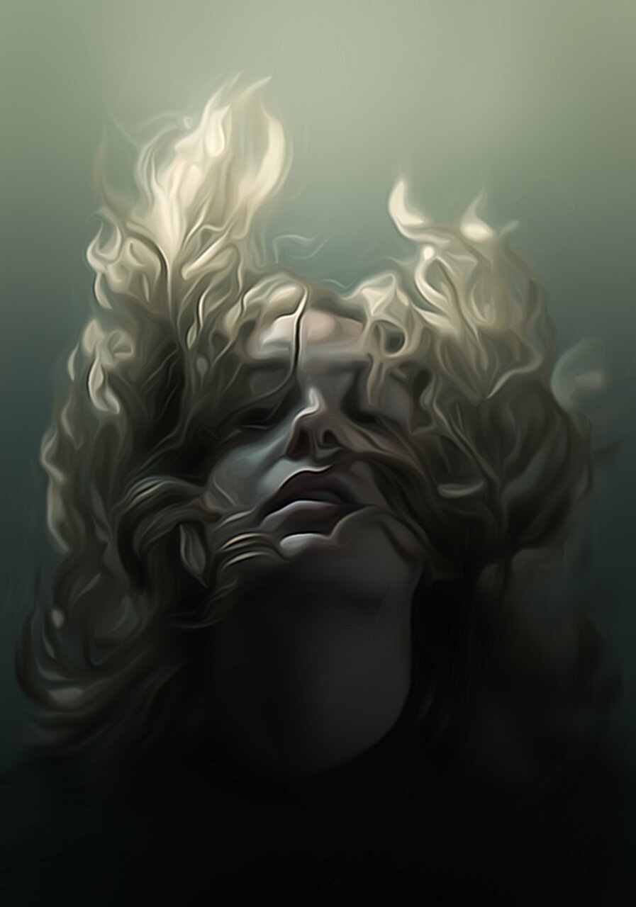 Dark portrait painting of a woman with flowing hair created with Brushstroke