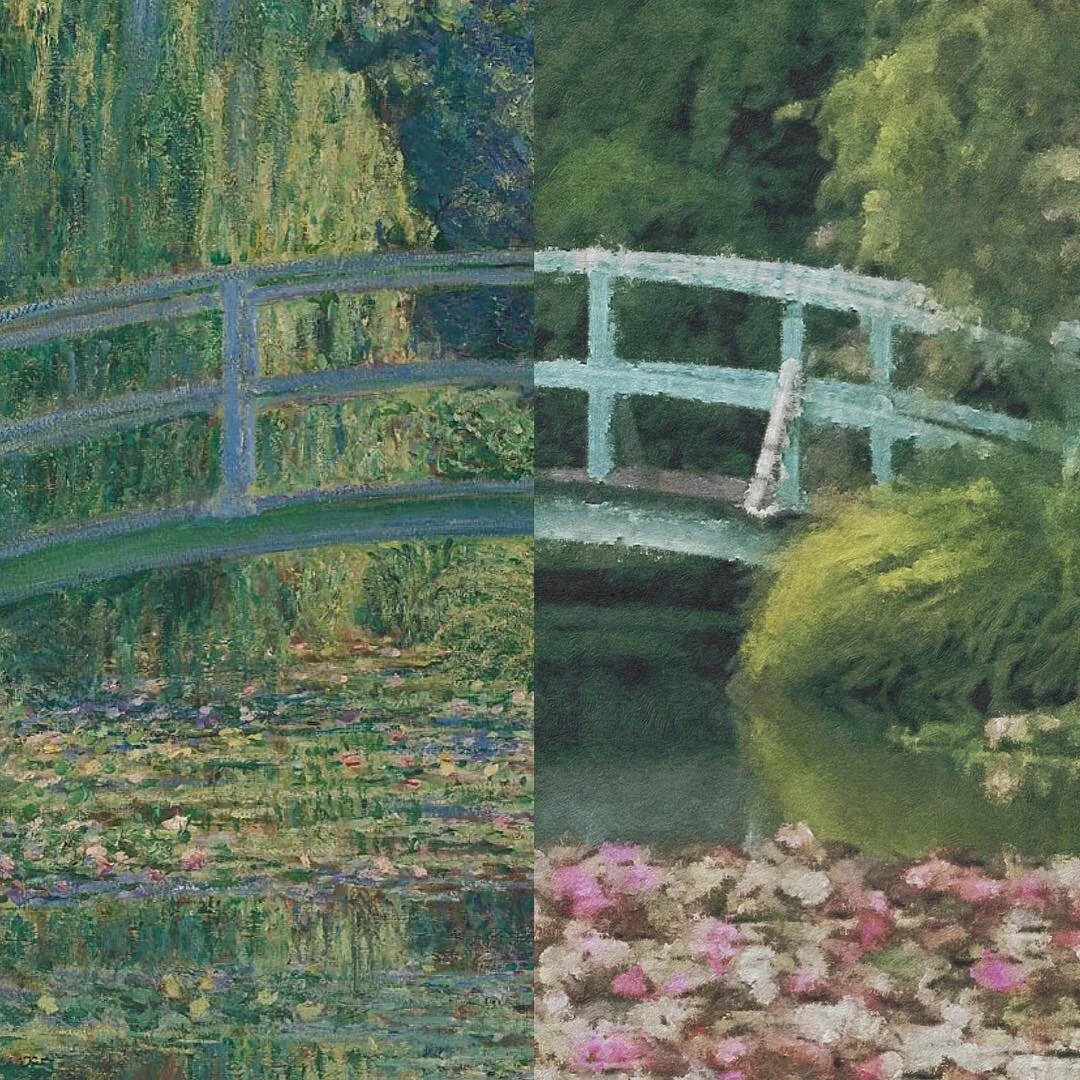 Instagram post: Monet's garden bridge, photo beside its Brushstroke painting