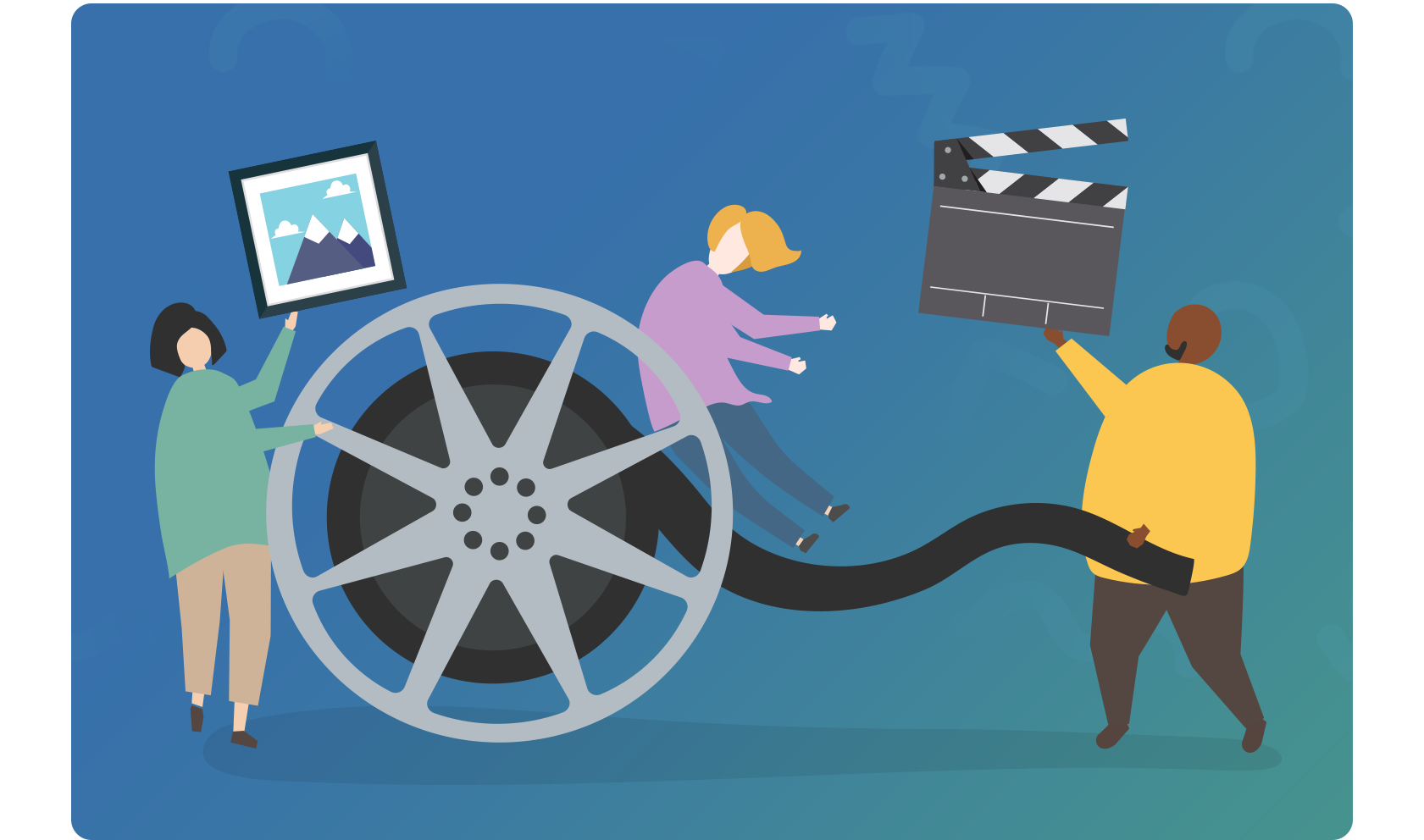 Playful illustration of a film crew with a giant film reel and clapperboard