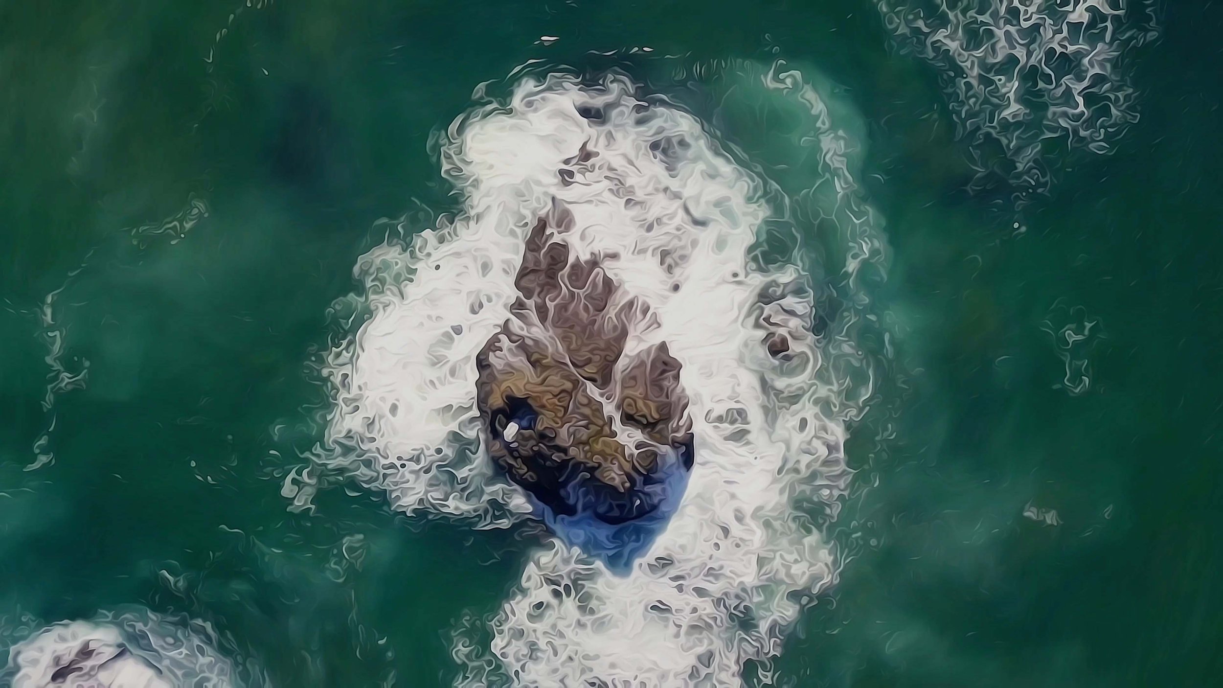 Painting of ocean waves breaking around a rock, seen from above