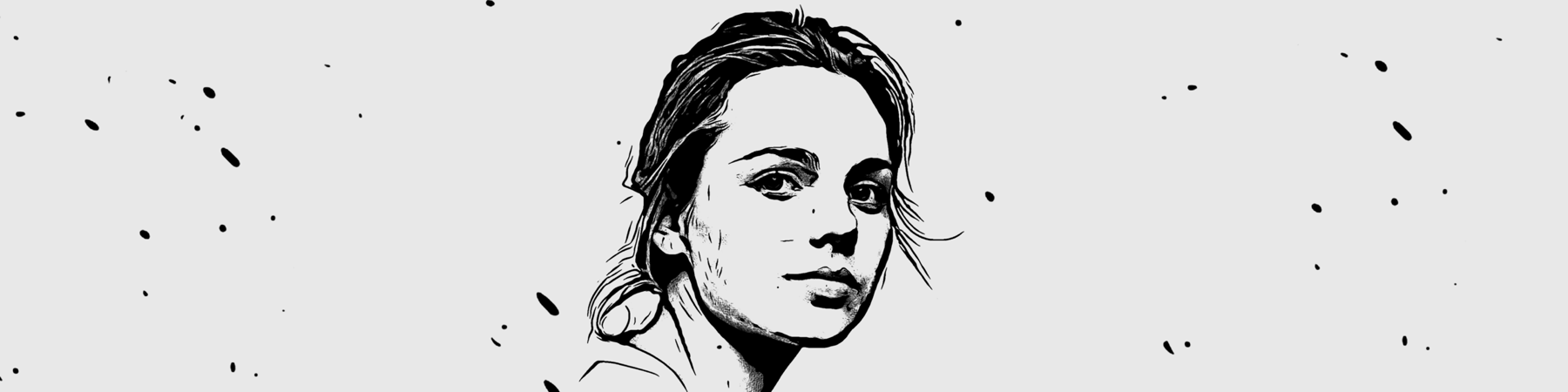 Ink drawing of a woman's face with scattered ink speckles, created with Inkwork