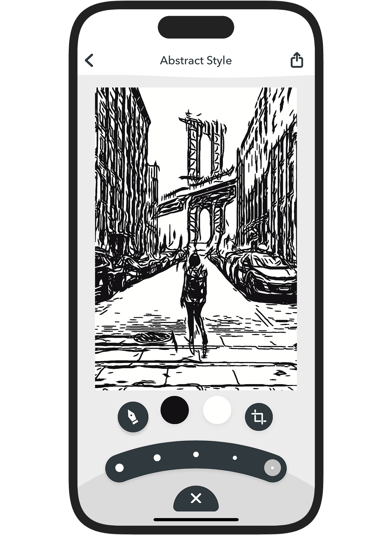 iPhone running Inkwork showing a photo transformed into an ink drawing