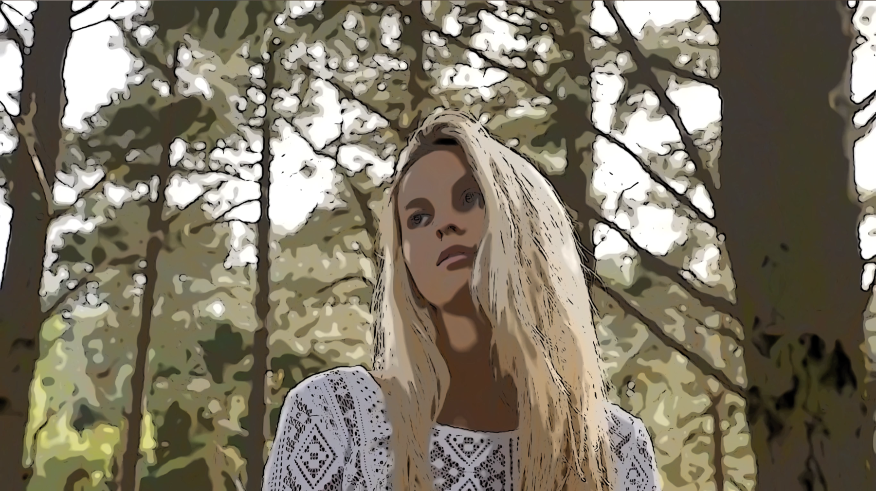 Cartoon-style video frame of a woman in a forest, rendered live by ToonCamera