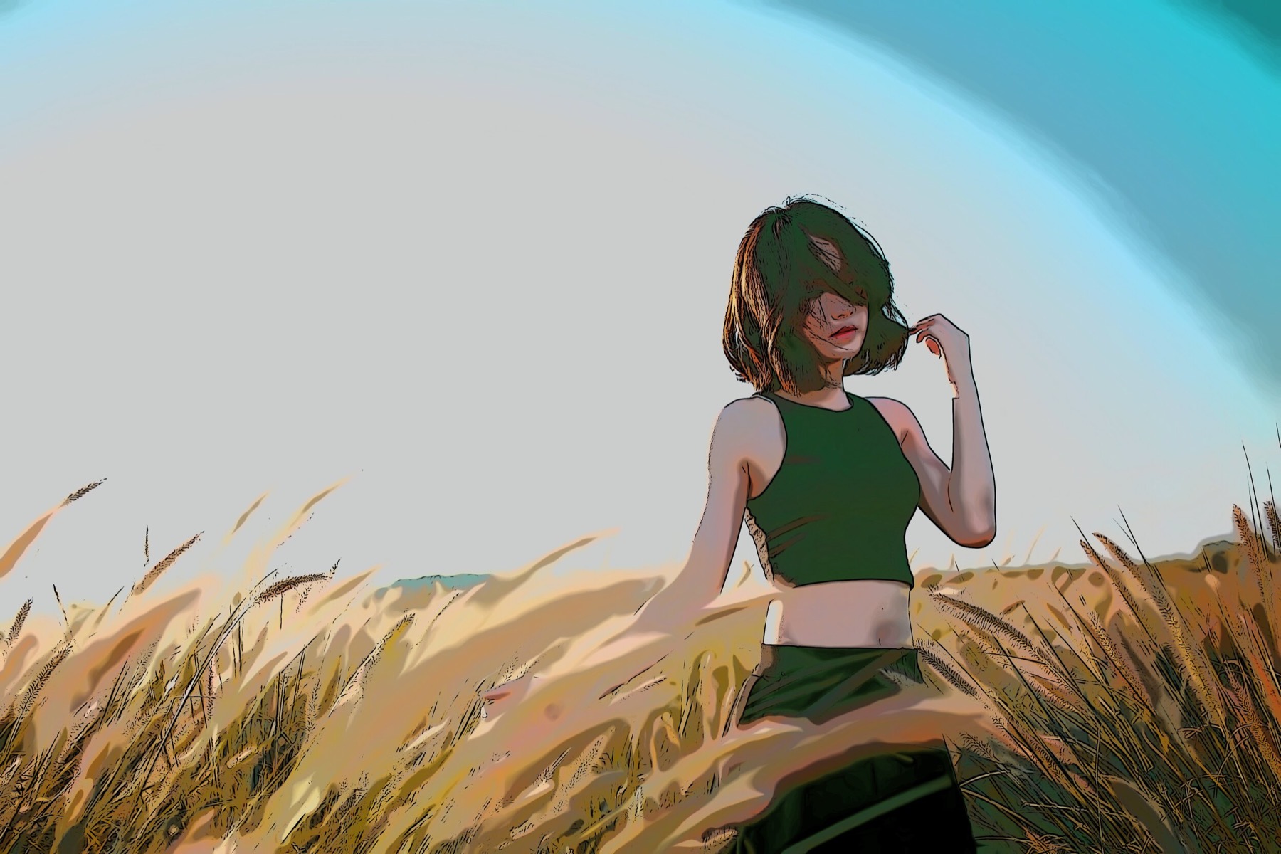 Cartoon illustration of a woman in a wheat field, made with ToonCamera